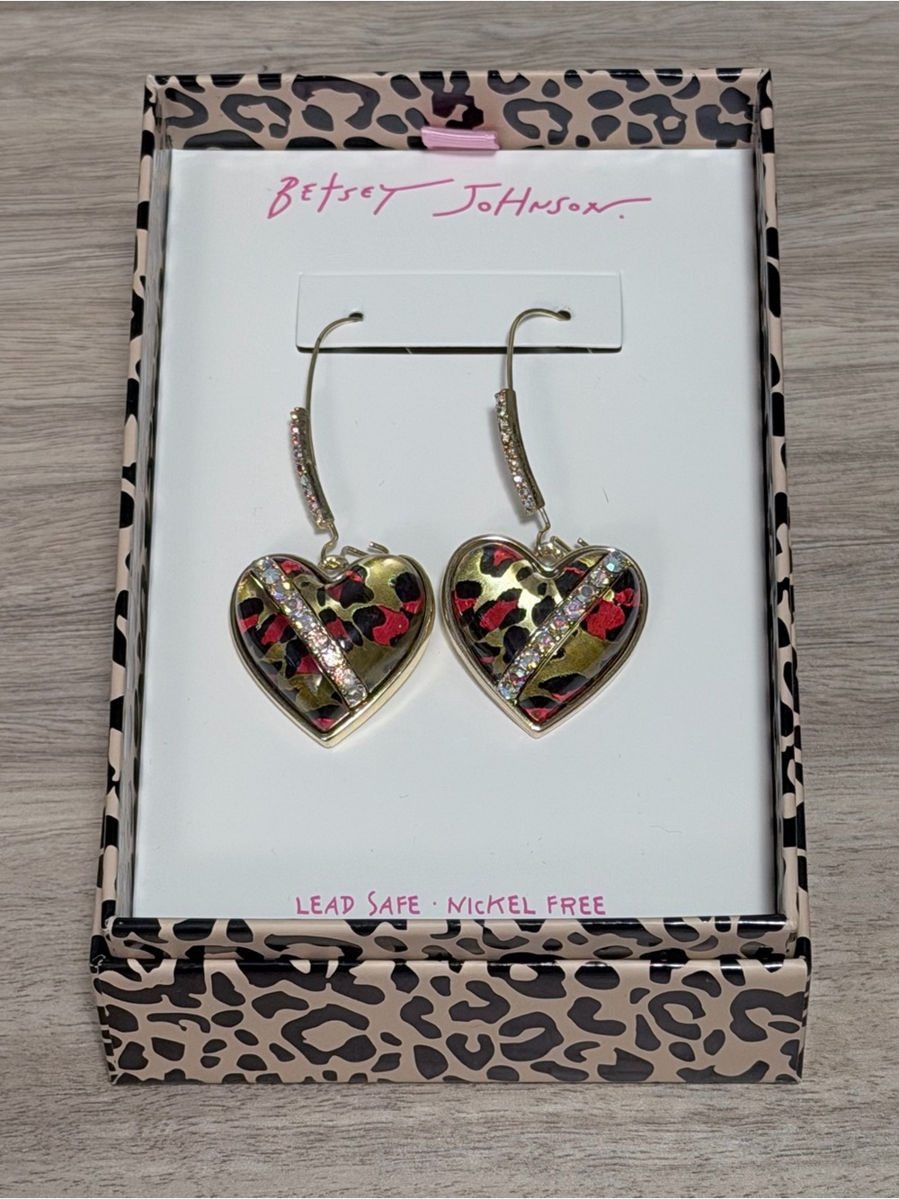 Betsey Johnson Gold Heart Drop Earrings with Pink and Black Leopard Accents